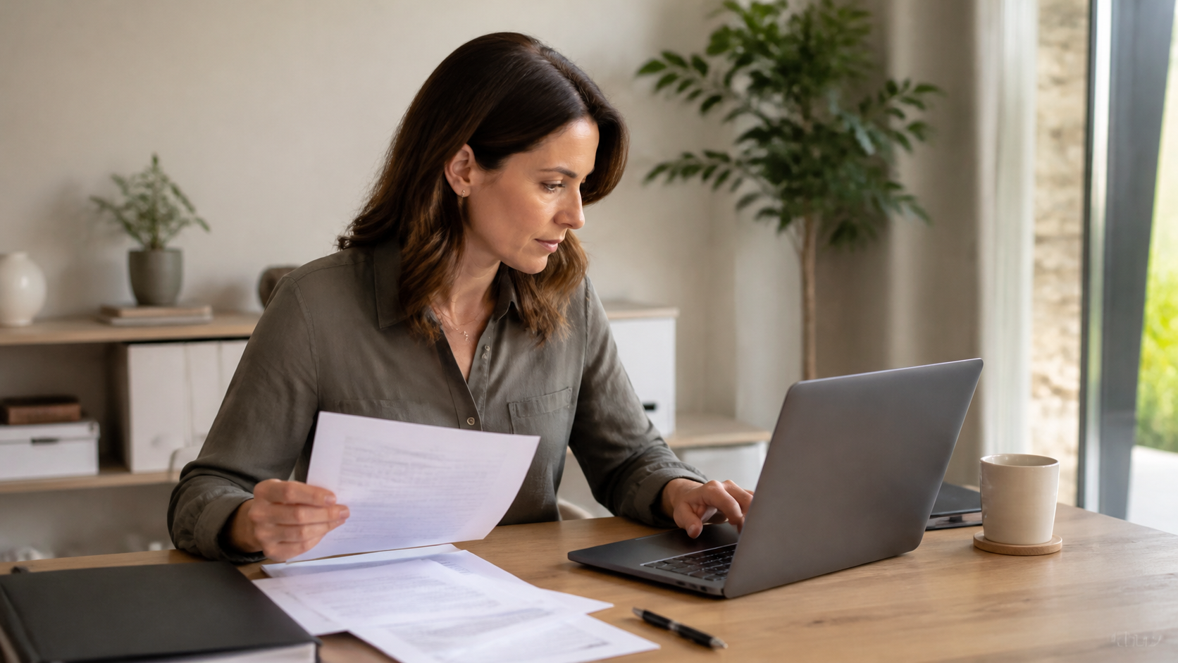 Asesora comprobando datos registrales y documentación antes de publicar una vivienda