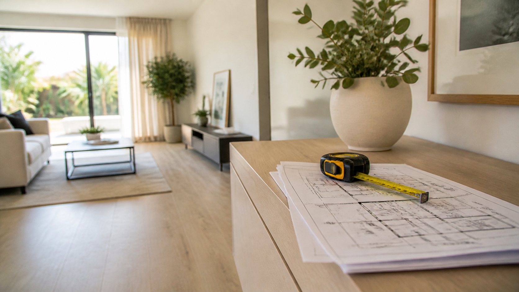 Salón preparado para venta con plano y cinta métrica para valorar la vivienda