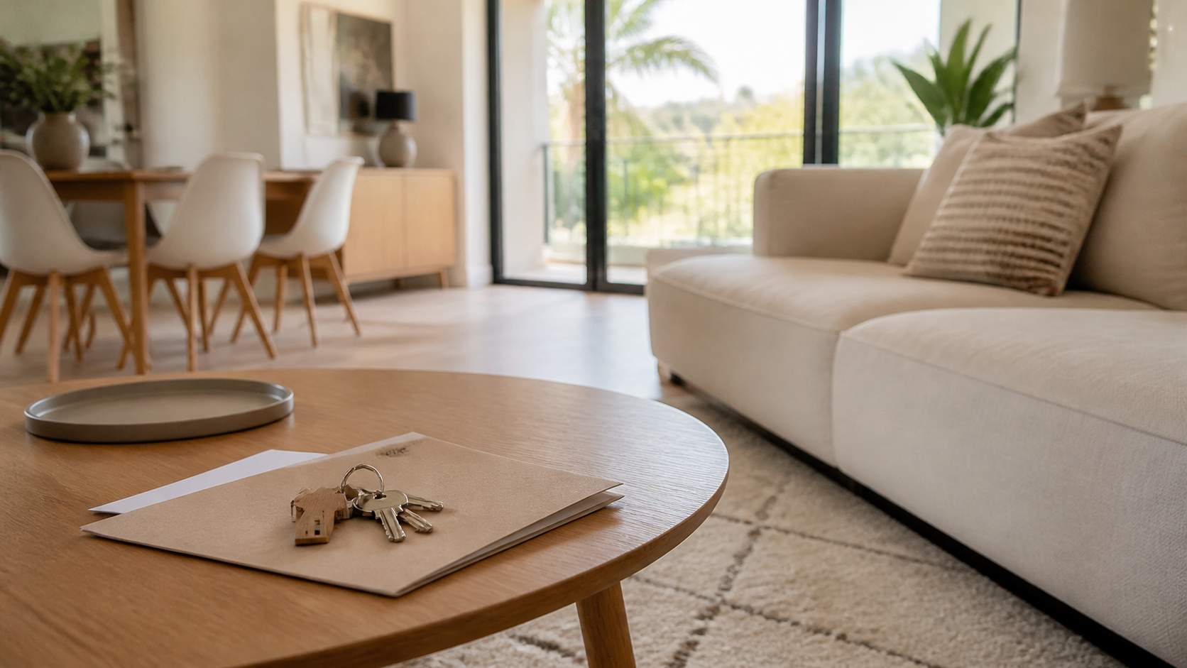 Salón preparado para entrega con llaves y mobiliario incluido en la venta