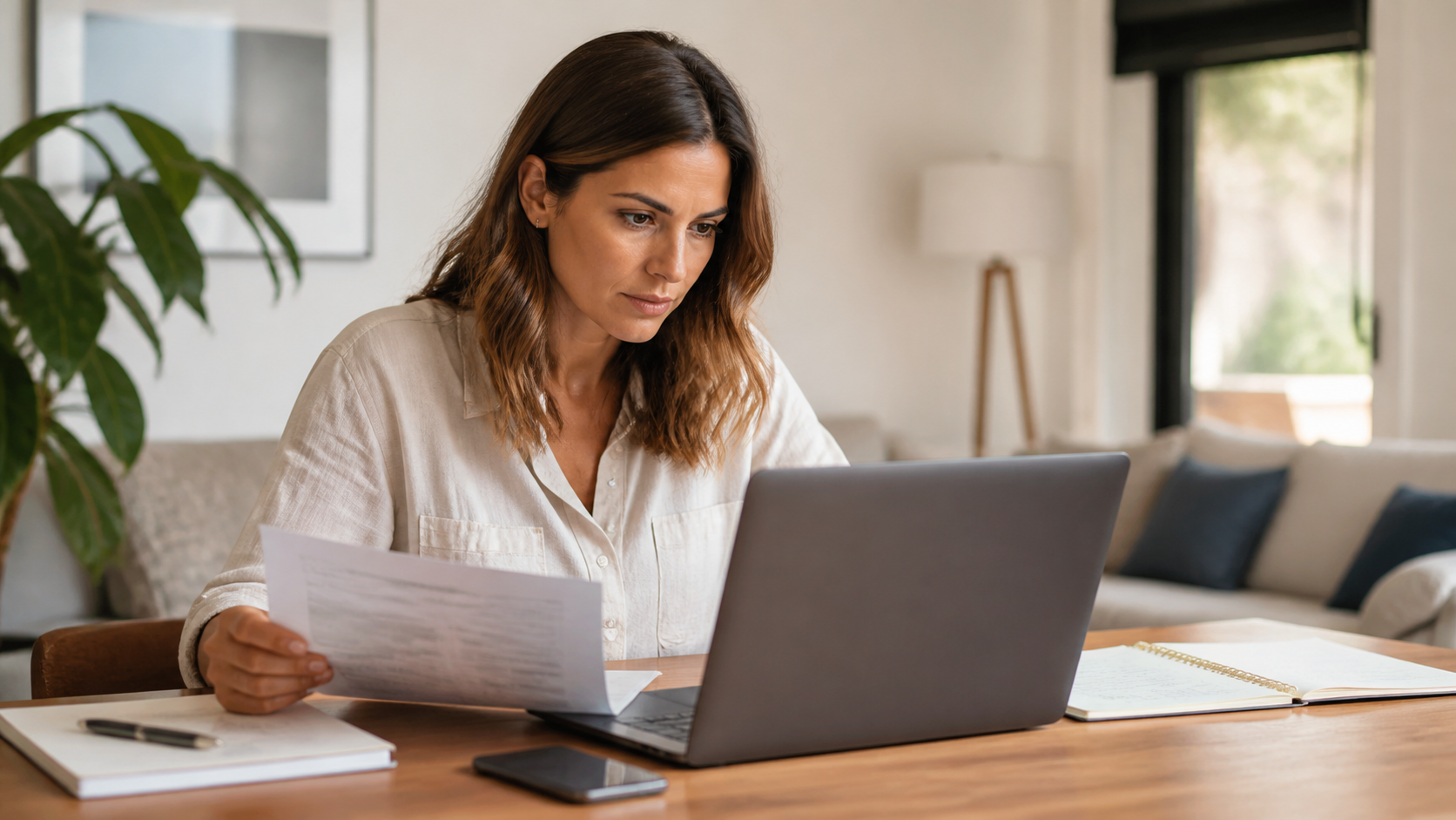 Mujer comprueba la financiación de un posible comprador en su despacho doméstico