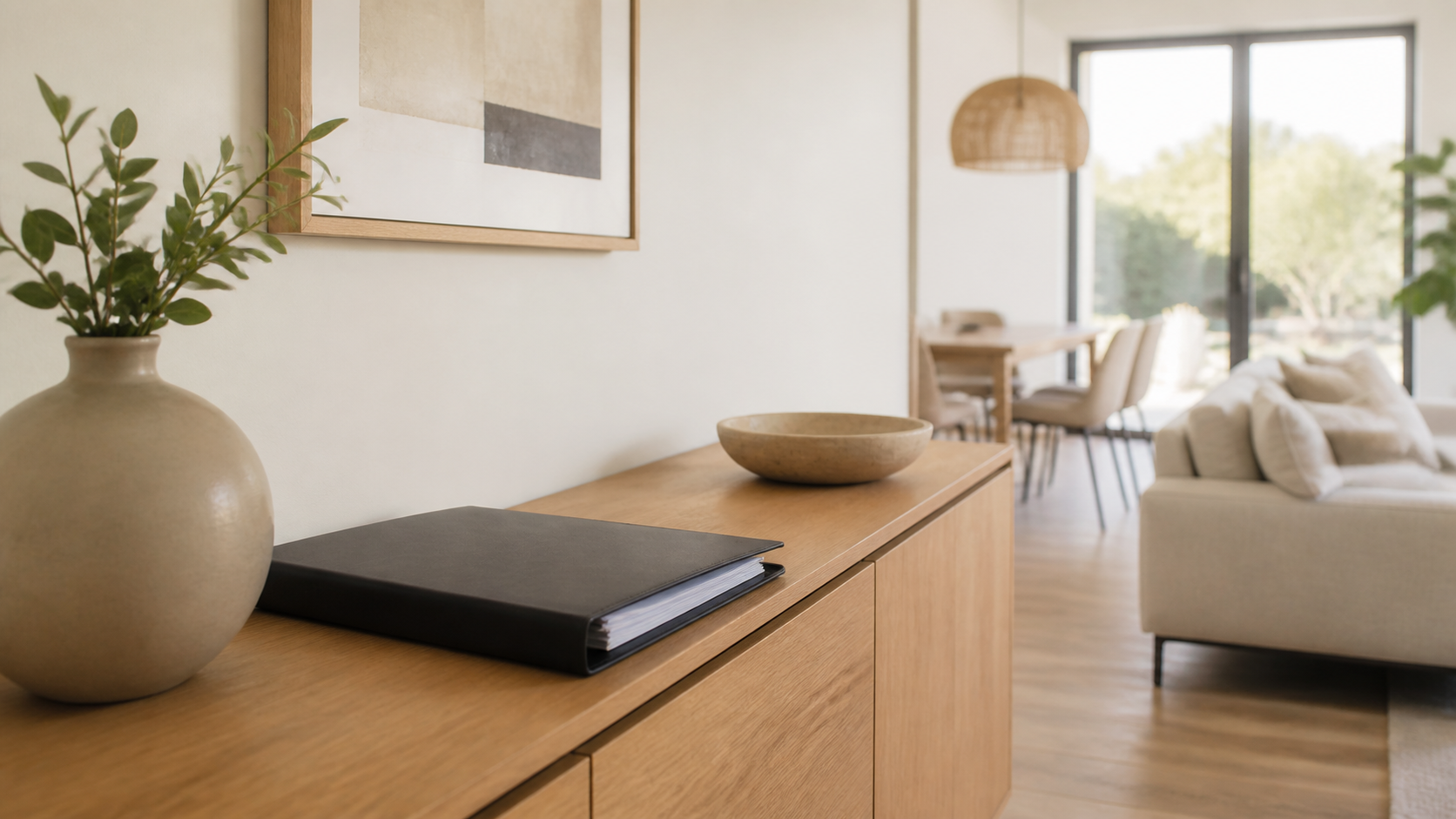 Salón preparado para una visita con documentación de la vivienda ordenada sobre un aparador