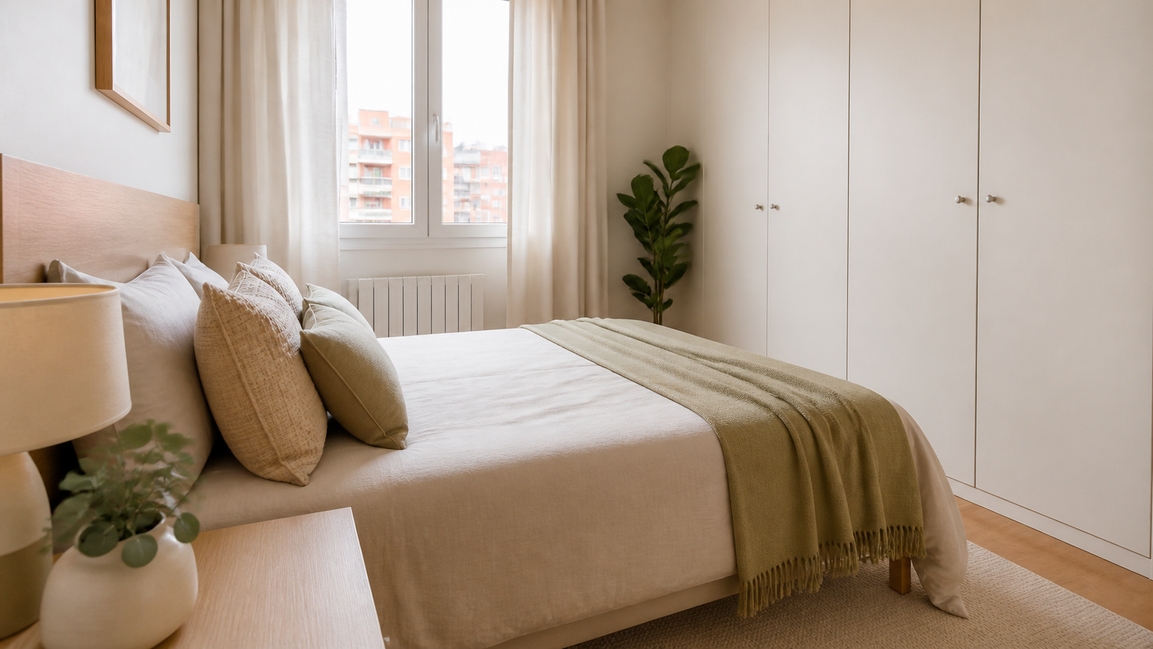 Dormitorio ordenado y luminoso preparado para una visita de posibles compradores