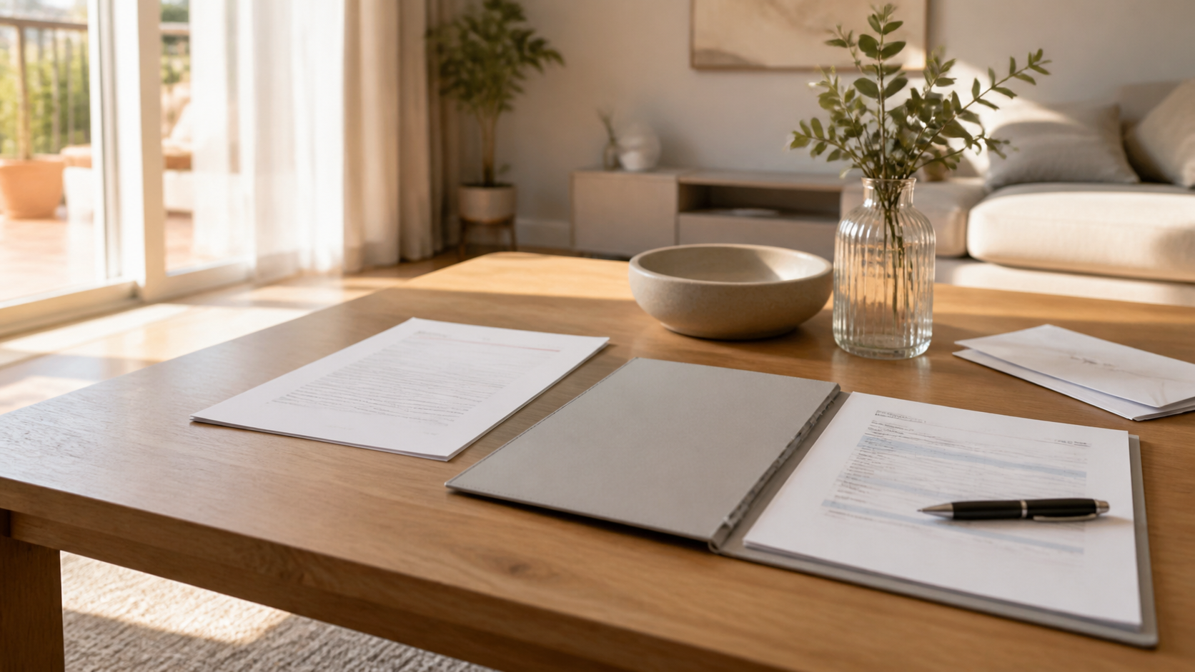 Documentación de una vivienda preparada sobre una mesa auxiliar en un salón luminoso