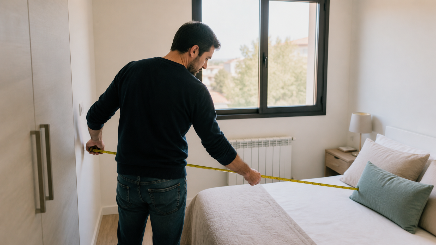 Propietario comprobando las dimensiones de un dormitorio durante la preparación de la venta