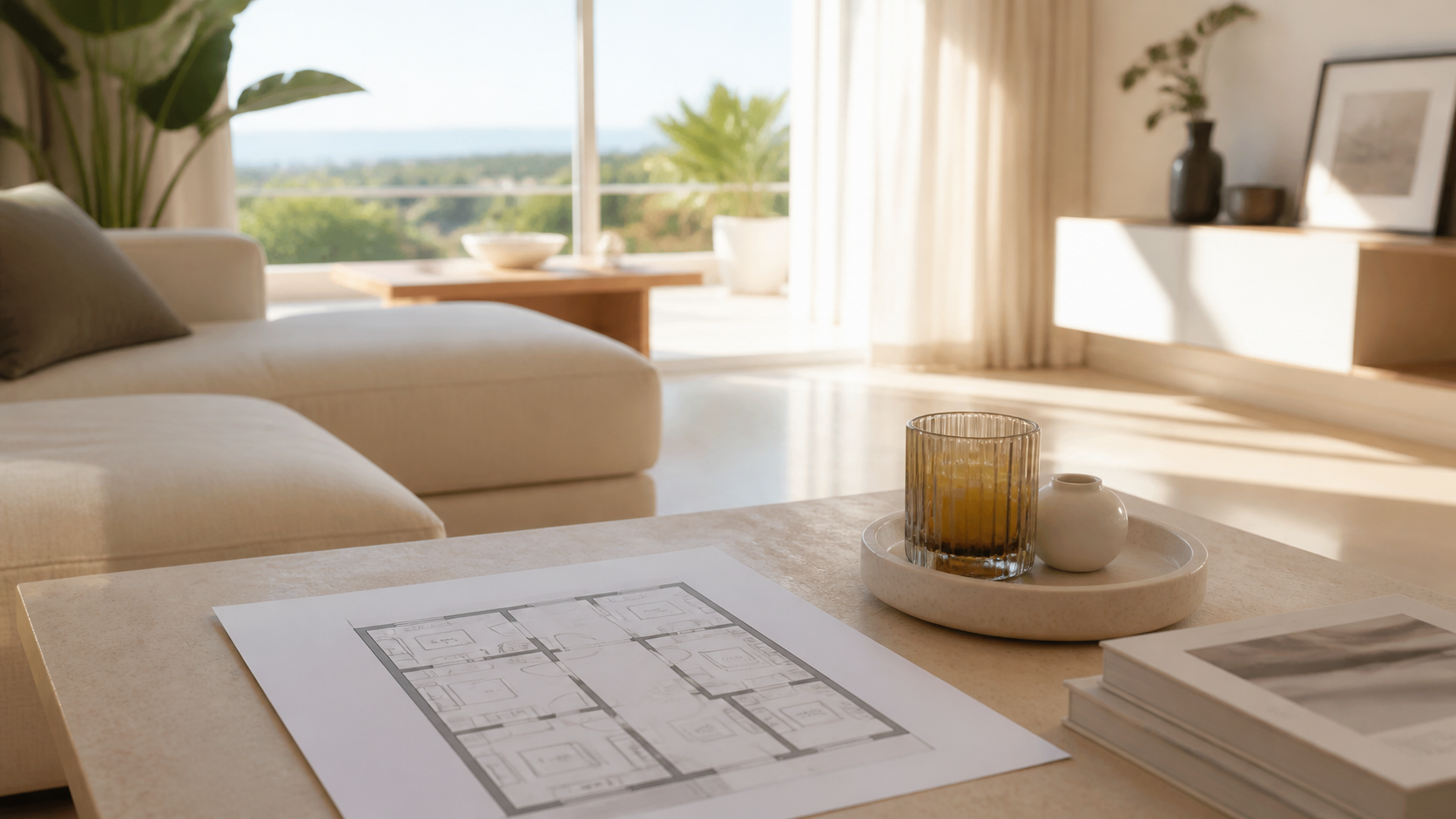 Salón luminoso con plano de vivienda preparado para revisar distribución y características