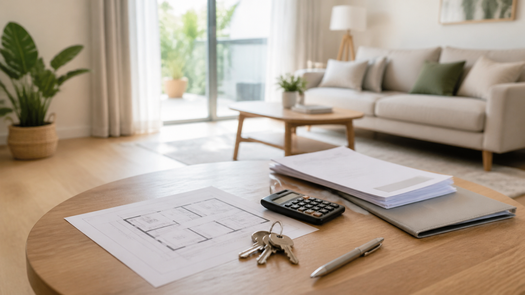 Plano, calculadora y documentación ordenada para preparar la valoración de una vivienda