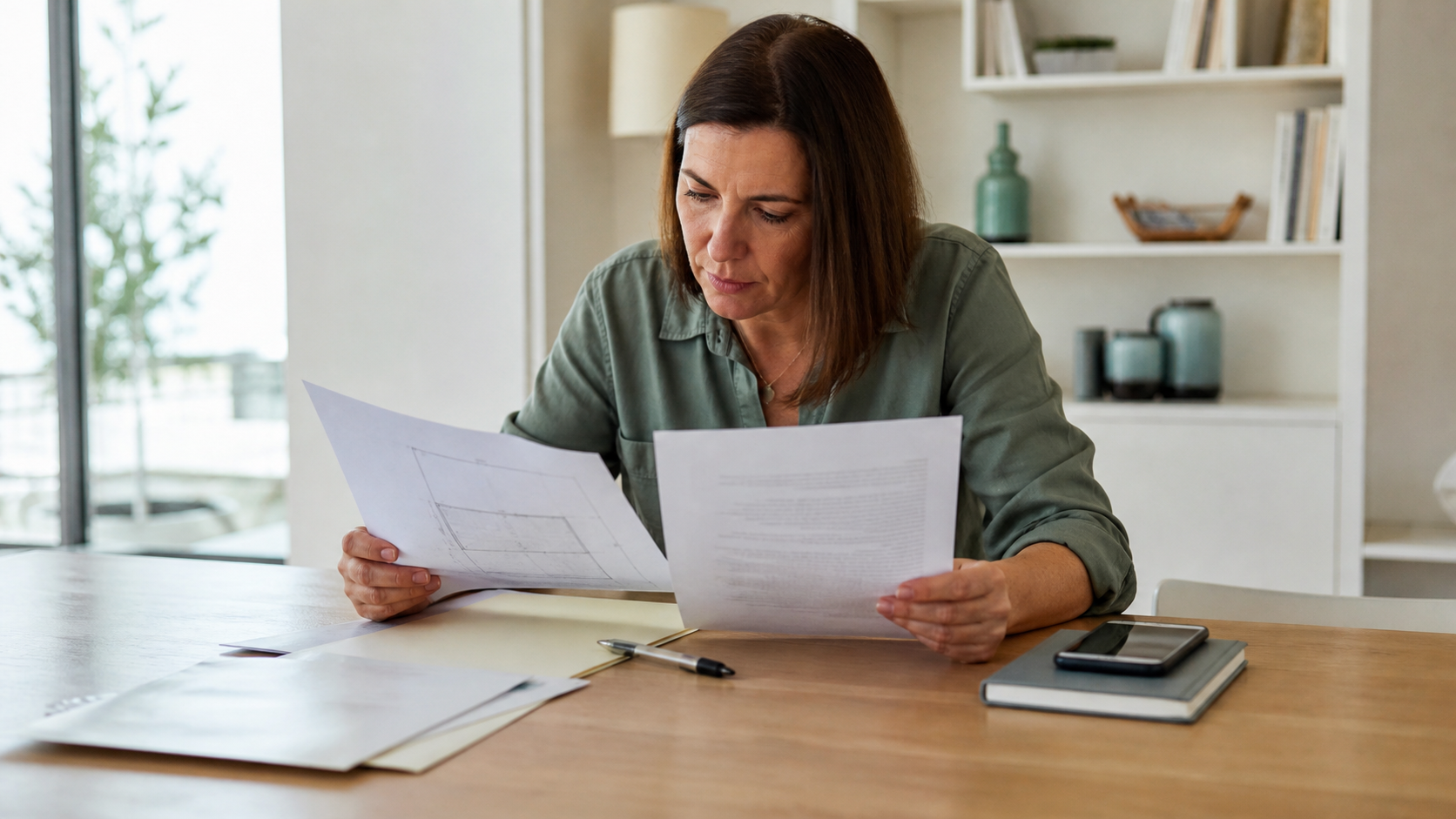Propietaria comprobando superficies entre un plano catastral y la escritura de su vivienda