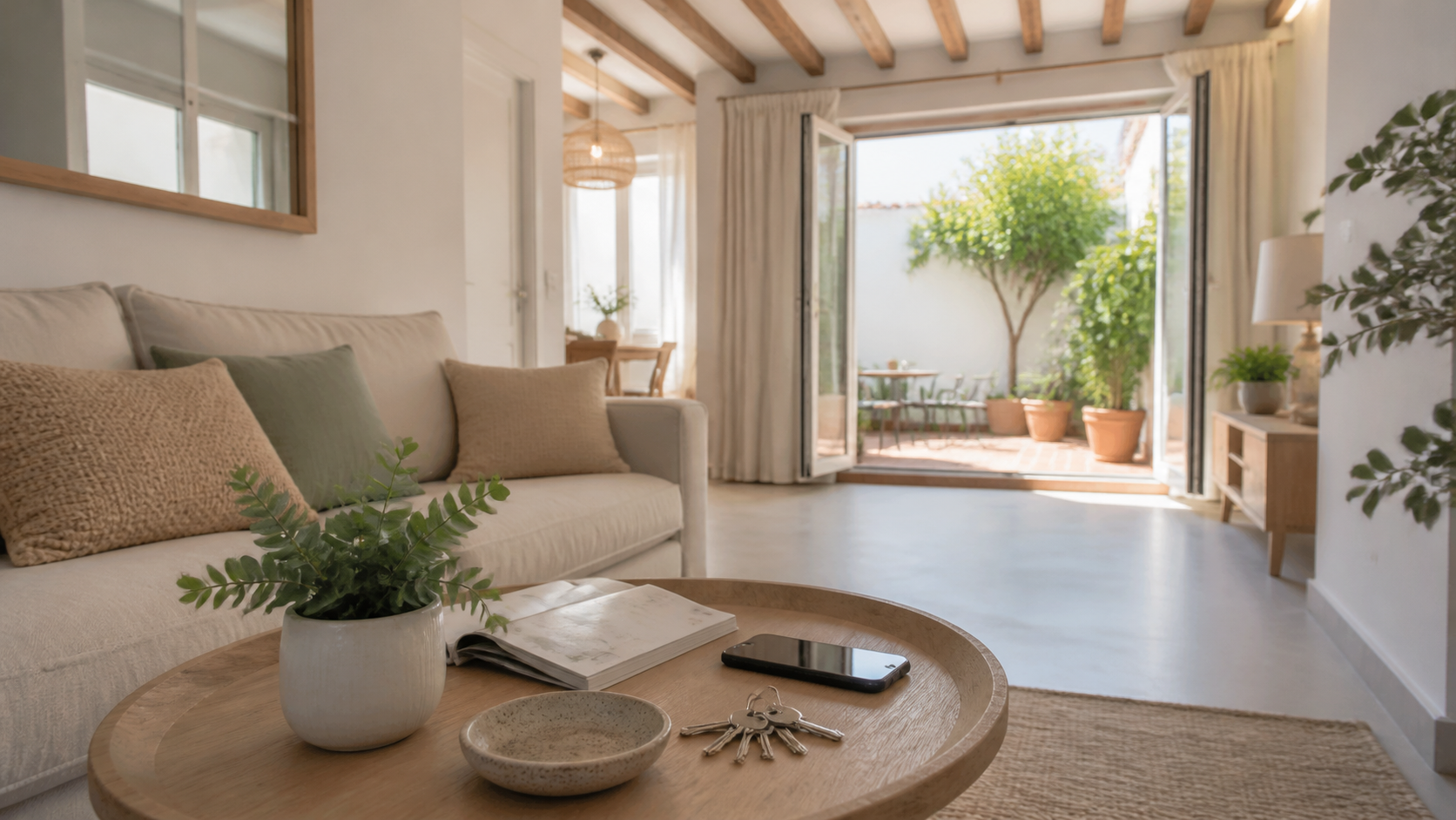 Salón luminoso y preparado de una casa de pueblo antes de realizar fotografías