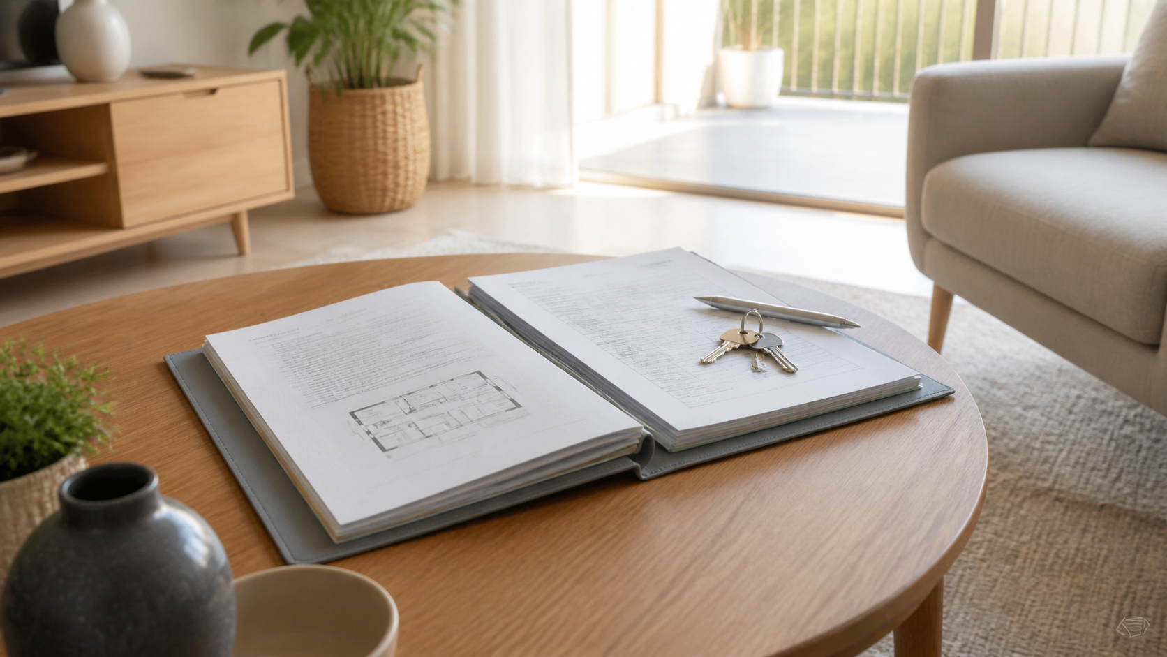 Documentación de una vivienda organizada con recibos y plano antes de iniciar la venta