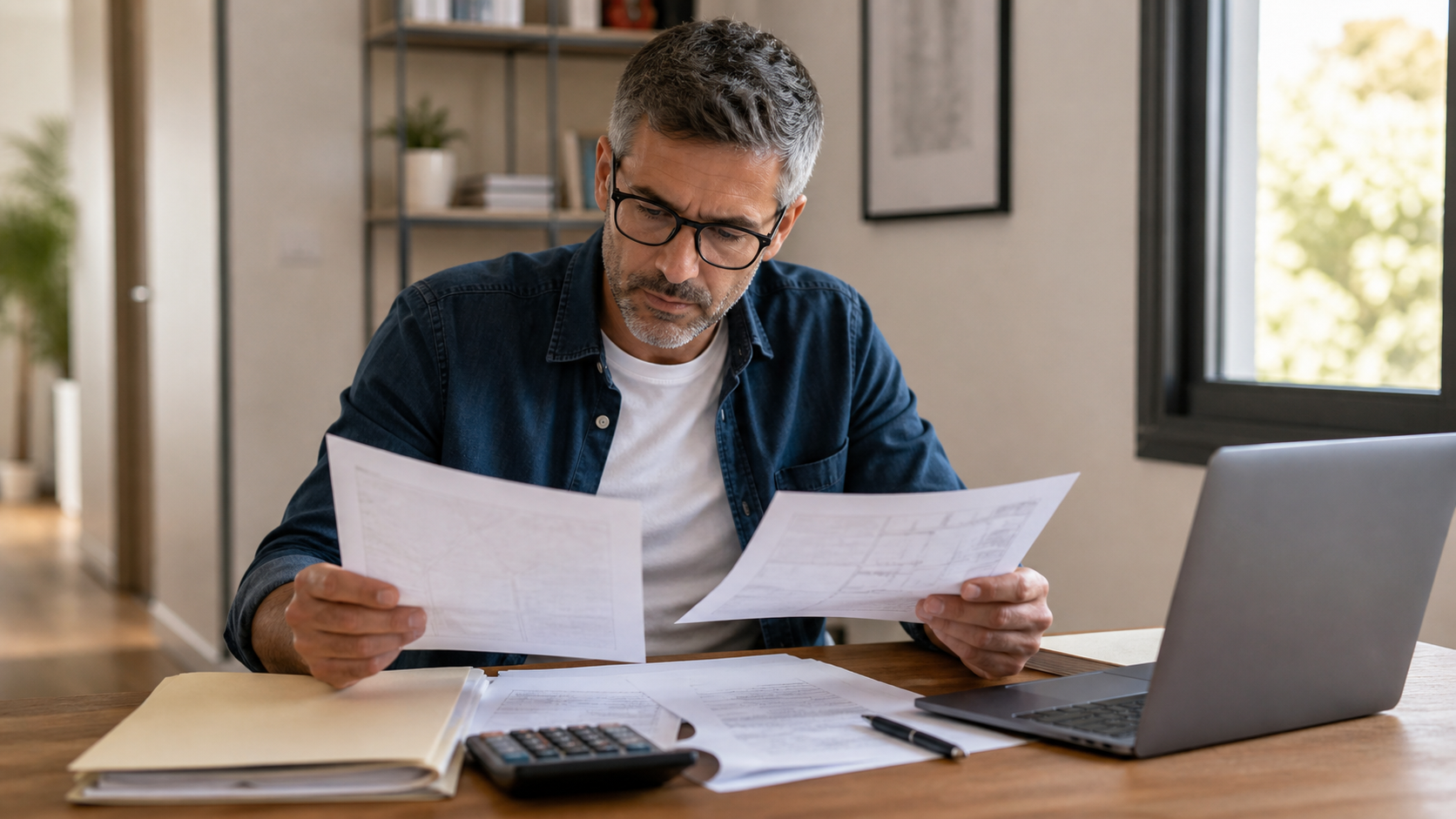 Hombre comparando documentación de herencia y datos de una vivienda antes de vender