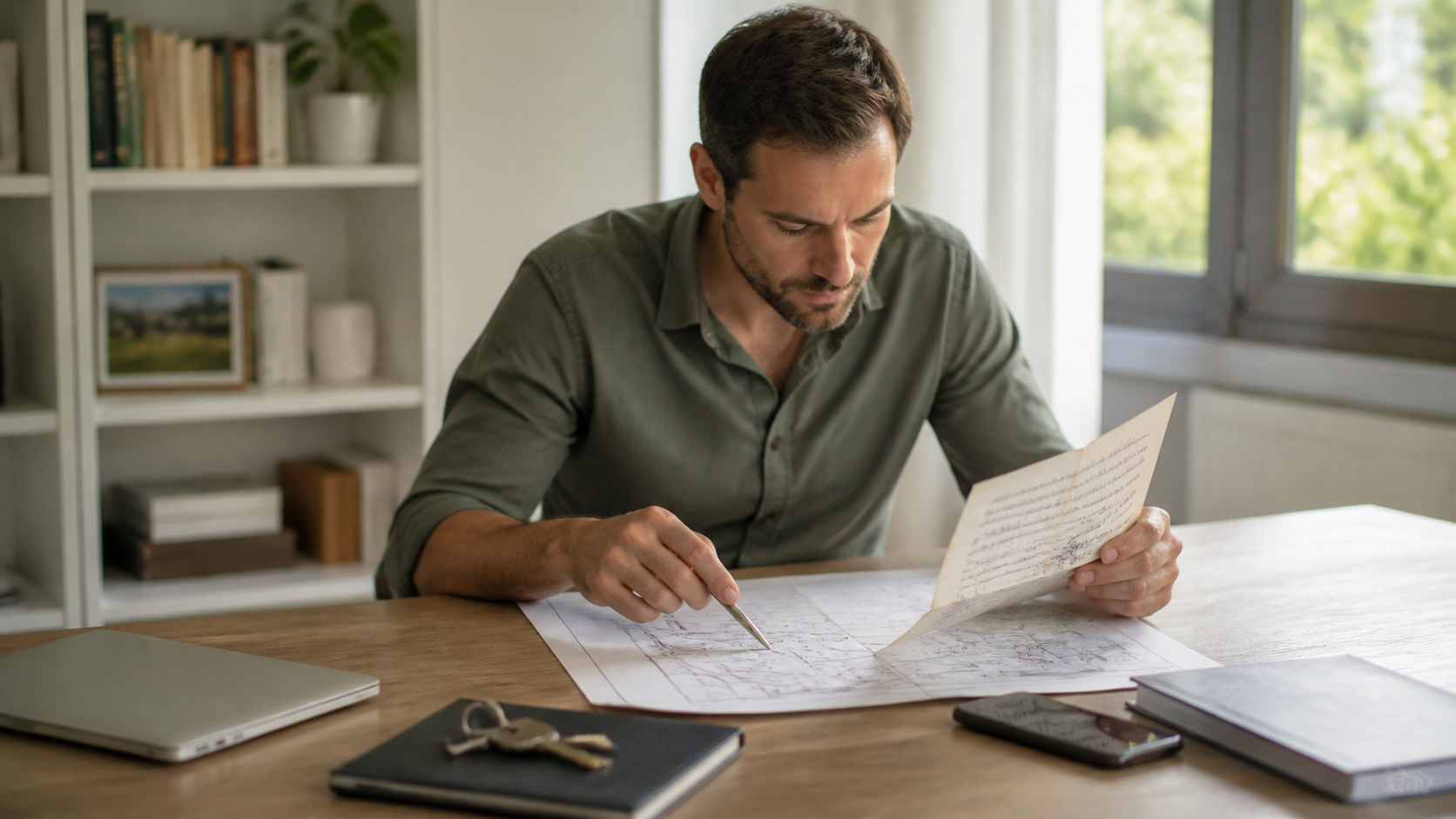 Propietario comprobando documentos y superficies de su vivienda antes de iniciar la venta