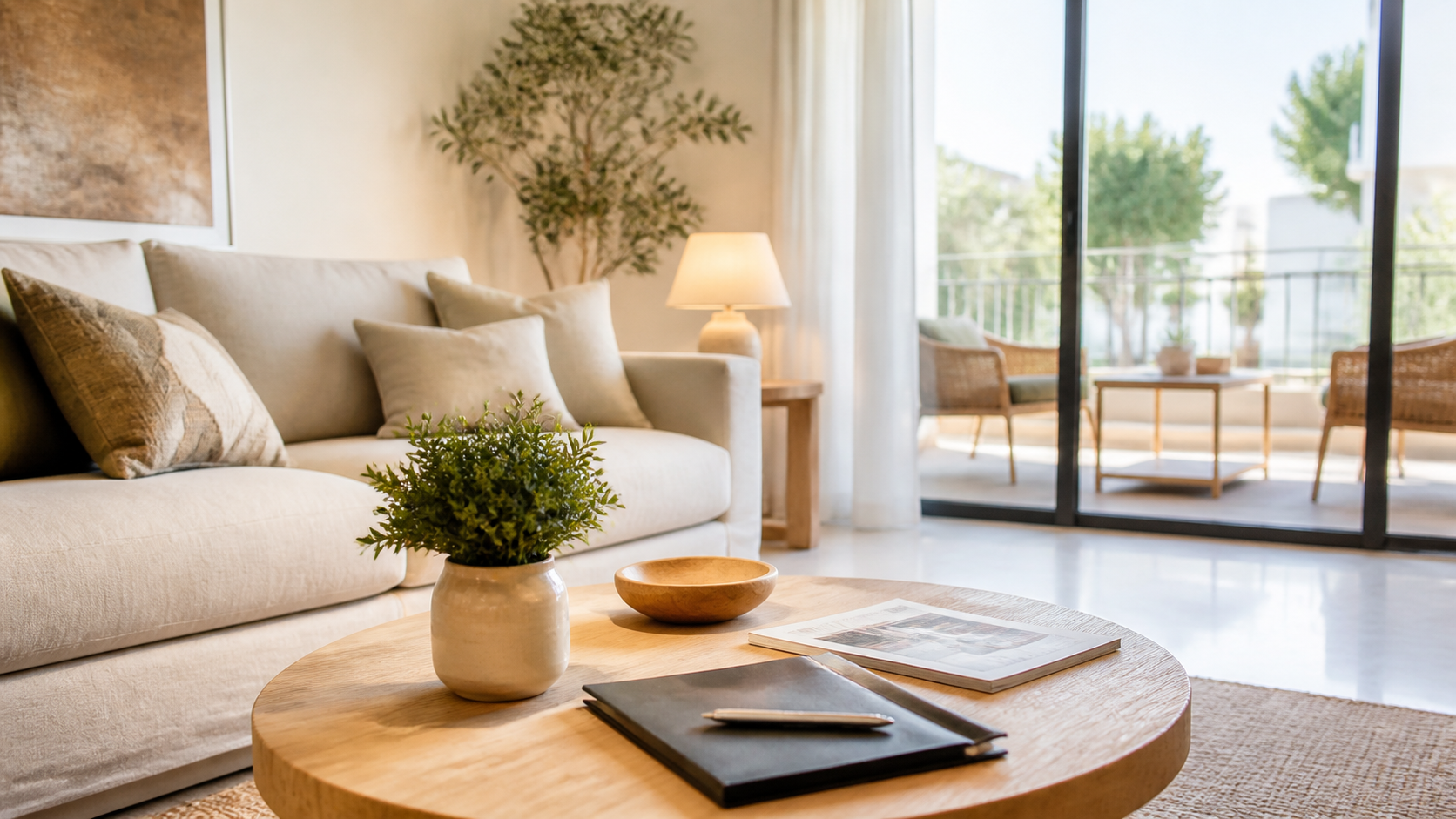 Salón preparado y ordenado para recibir visitas durante la venta de una vivienda