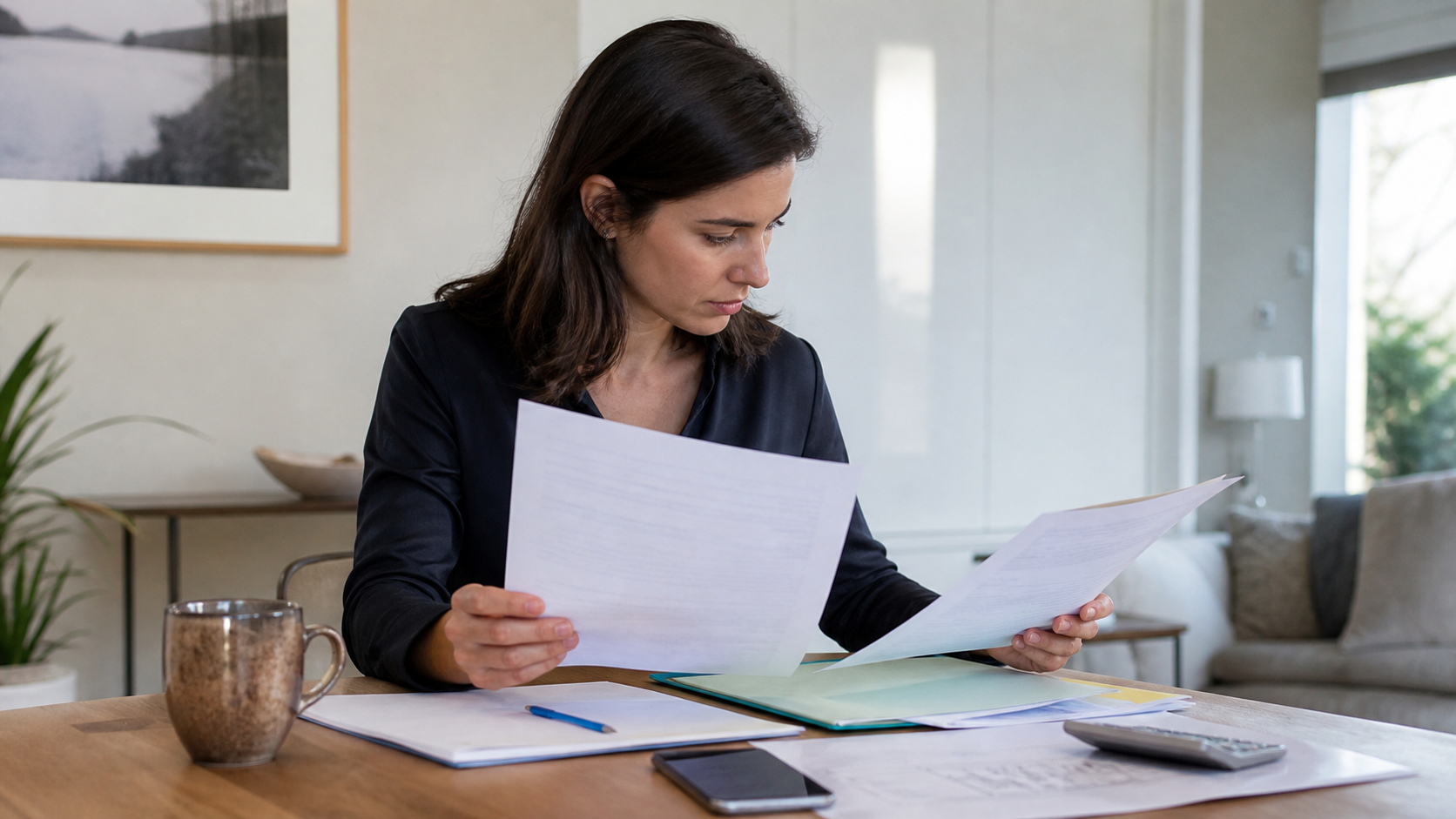 Propietaria comparando documentos para confirmar garaje y trastero vinculados a la vivienda
