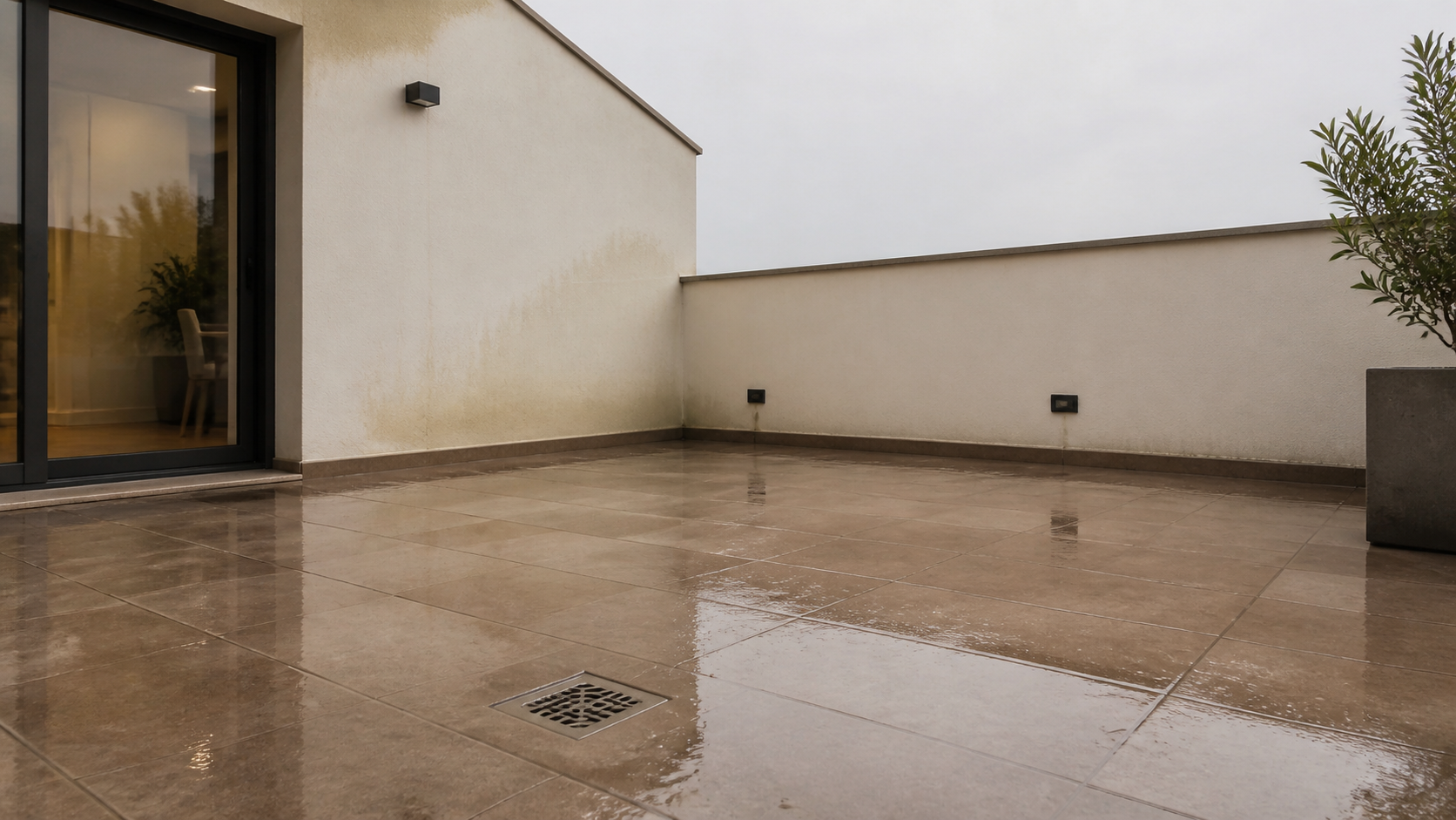 Terraza vacía con desagüe y señales leves de humedad tras la lluvia