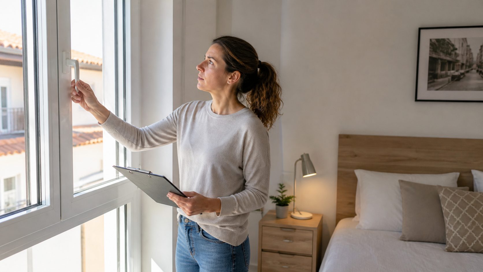 Propietaria comprobando una ventana que necesita reparación antes de mostrar la vivienda