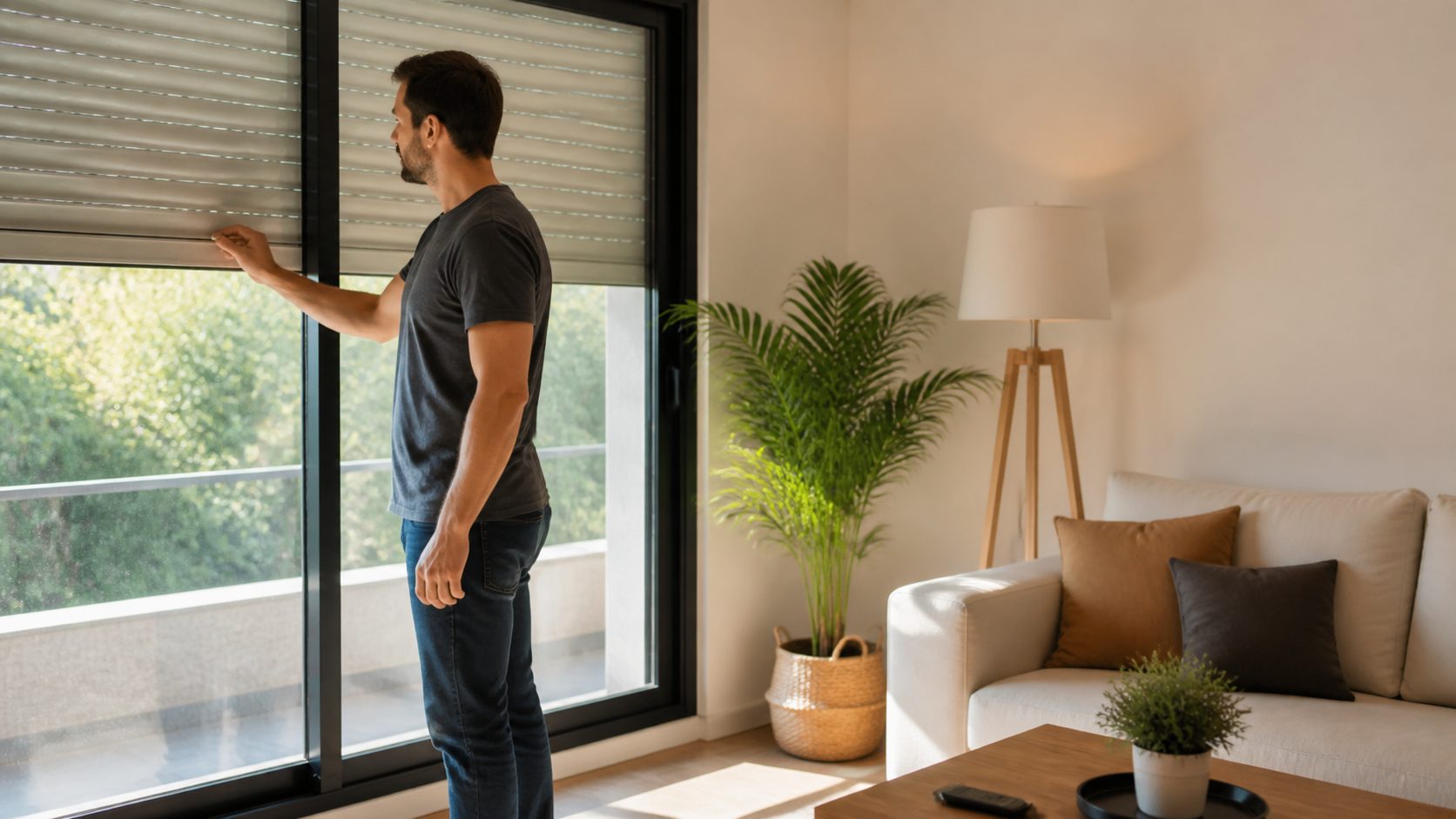 Propietario comprobando una persiana antes de preparar la vivienda para las visitas
