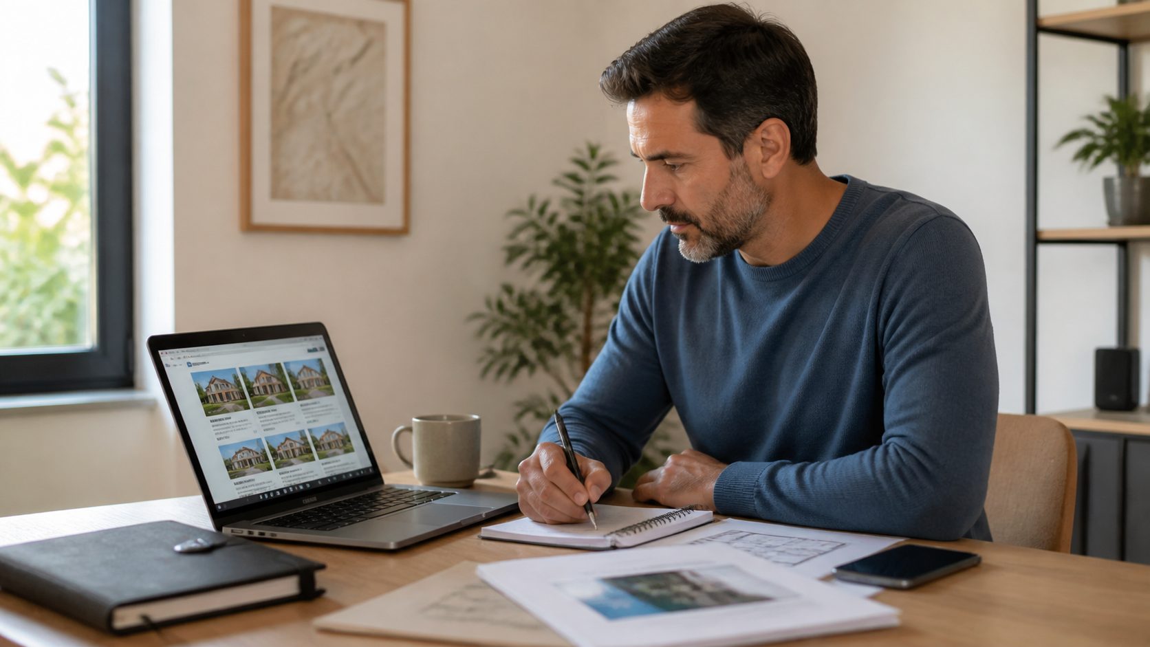 Propietario comparando precios de viviendas en un portátil antes de fijar el suyo