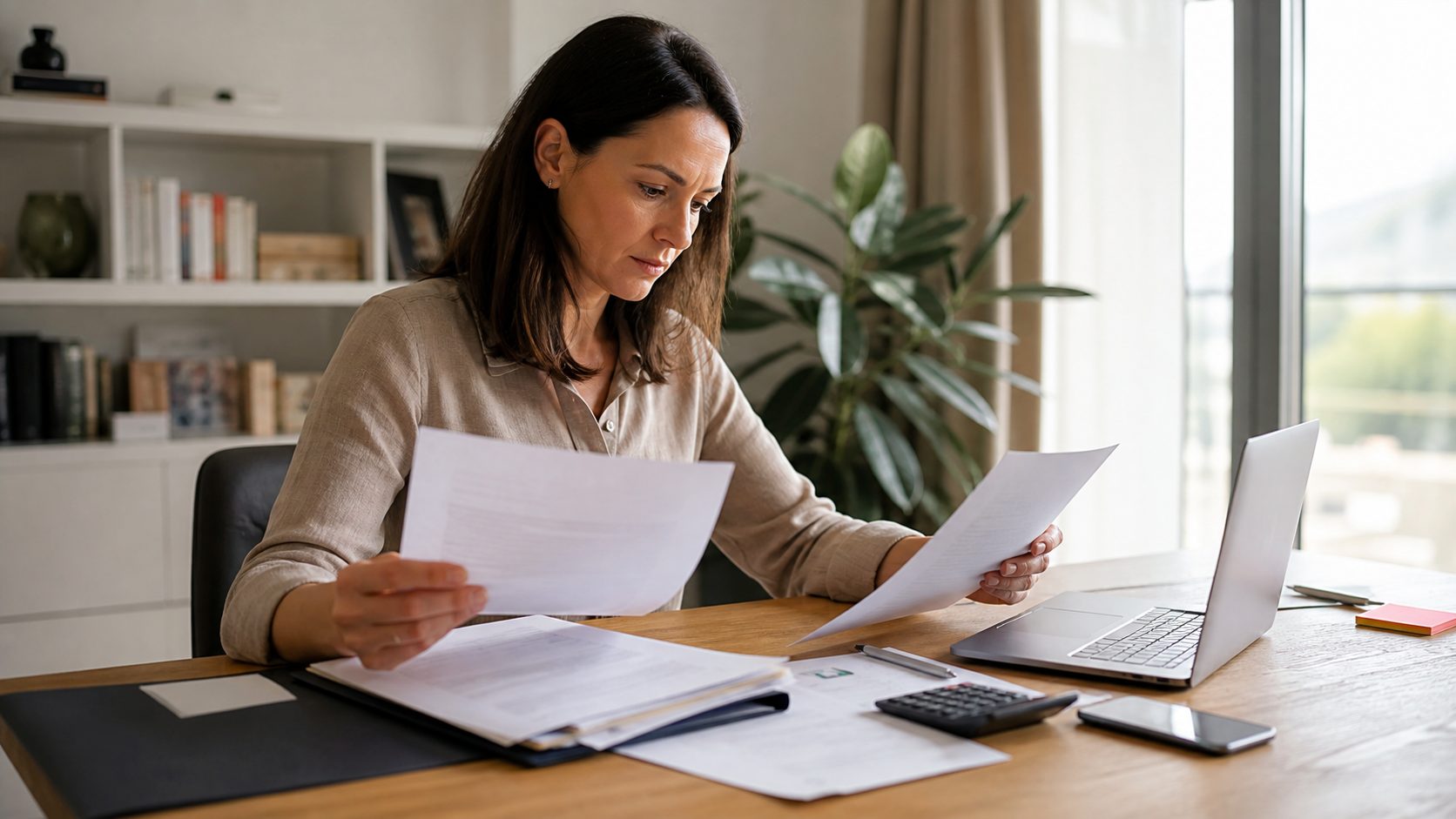 Heredera comprobando documentos y datos de propiedad antes de iniciar la venta