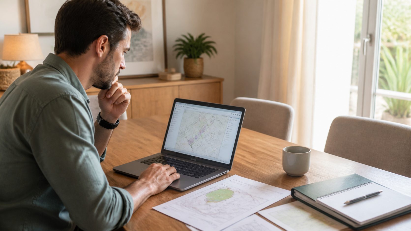 Propietario comprobando cartografía de una finca costera en su portátil