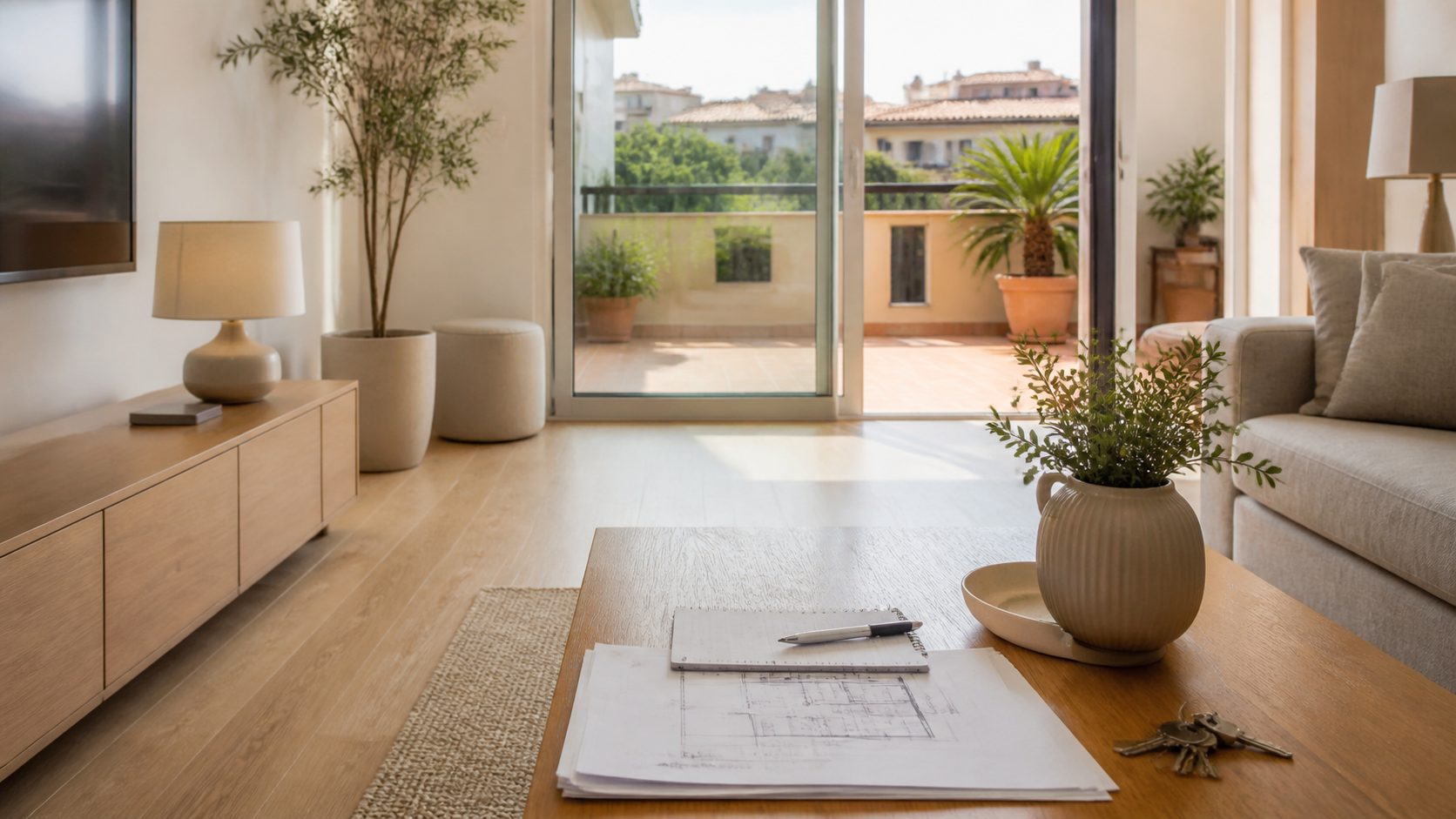 Salón ordenado y luminoso preparado para mostrar la vivienda a posibles compradores
