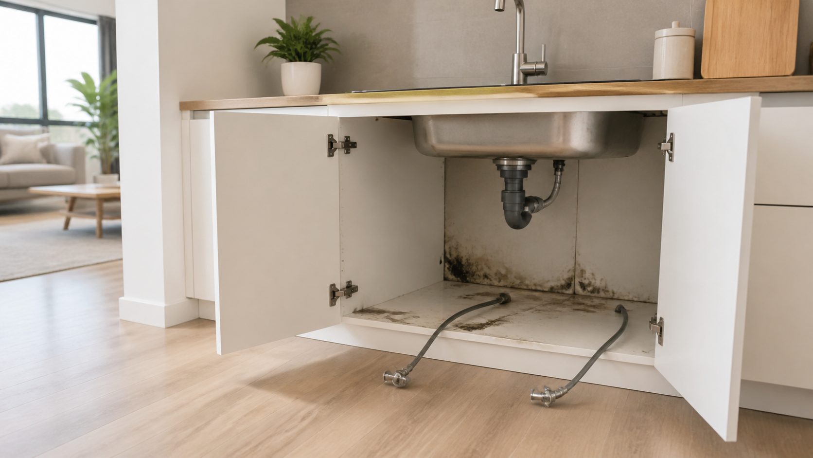 Cocina vacía con una humedad visible que requiere revisión antes de vender